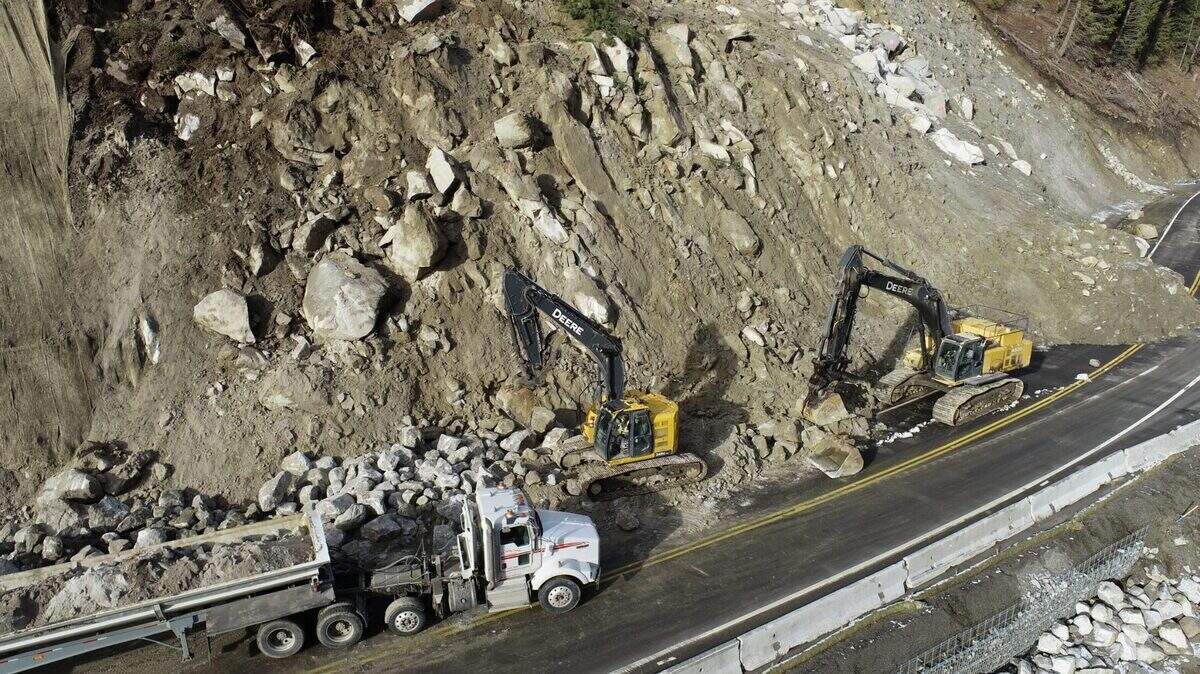 The rockslide on Idaho 55 is estimated to have brought down 30,000-50,000 cubic yards of material and debris. It measures nearly 200 feet from the top of the slide to the roadway, and is about 250 feet wide.