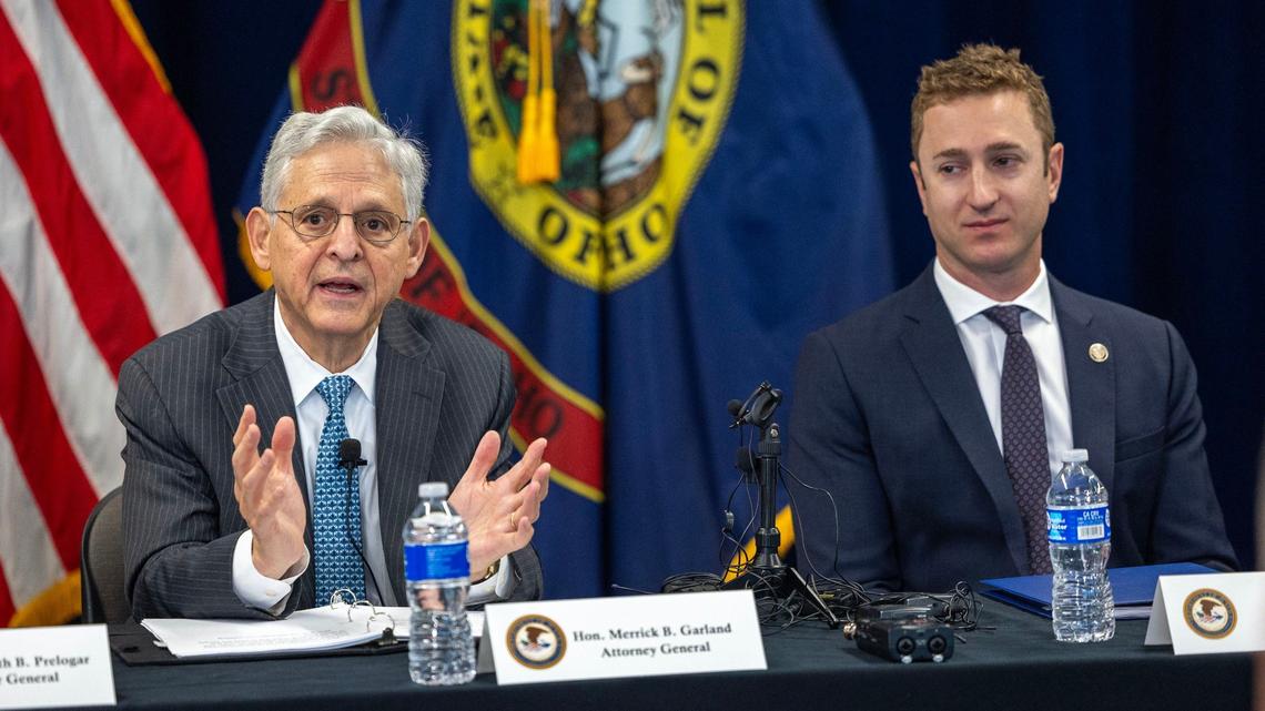 Former U.S. Attorney Josh Hurwit, with the District of Idaho, right, and former U.S. Attorney General Merrick Garland during the Biden administration spoke at a conference in August 2024 in Boise.