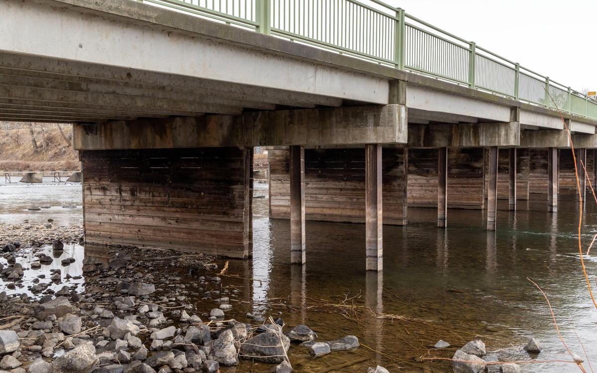 The Eckert Road Bridge uses wooden pillars, as shown here, rather than concrete, which is more commonly used for building bridges.