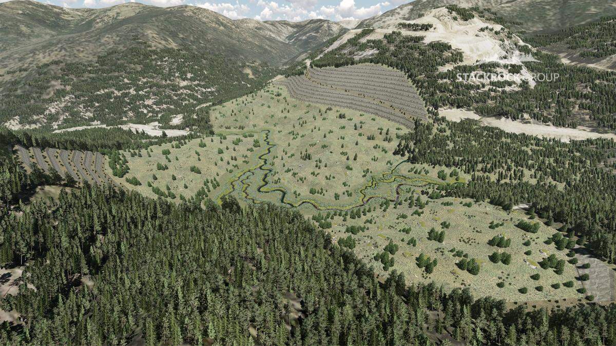 This artist’s rendering shows how Midas Gold says the Yellow Pine Pit would look once the pit is filled in, stream flows of the East Fork of the South Fork of the Salmon River has been restored, and land surfaces have been improved and replanted.