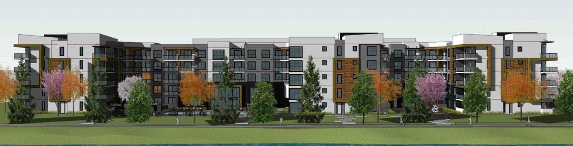 A drawing shows the proposed six-story Park Place apartments. Parking would be provided through an interior parking garage.
