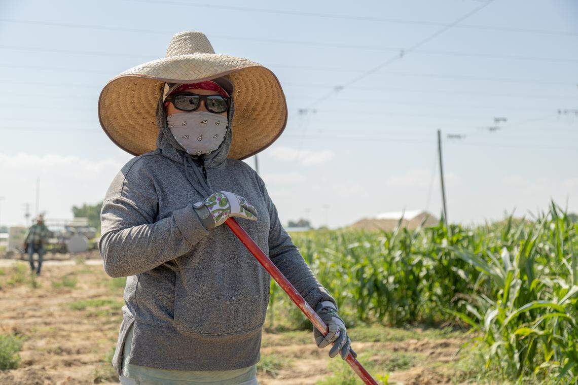Libertad Sanchez, 46, keeping track of where the workers are and guiding other workers of lanes that need worked on.