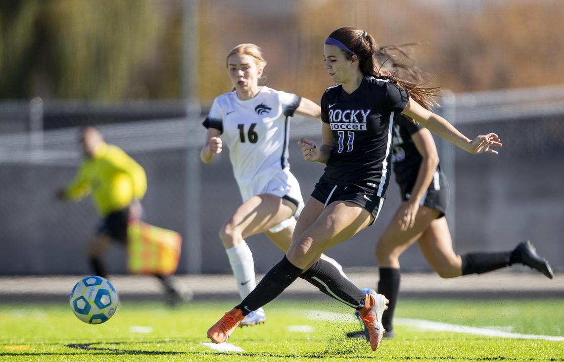 Rocky Mountain junior Lily Anson take a shot at Timberline’s goal in the second half of the state 5A girls soccer semifinal game Friday, Oct. 25, 2019 at Rocky Mountain High School in Meridian.