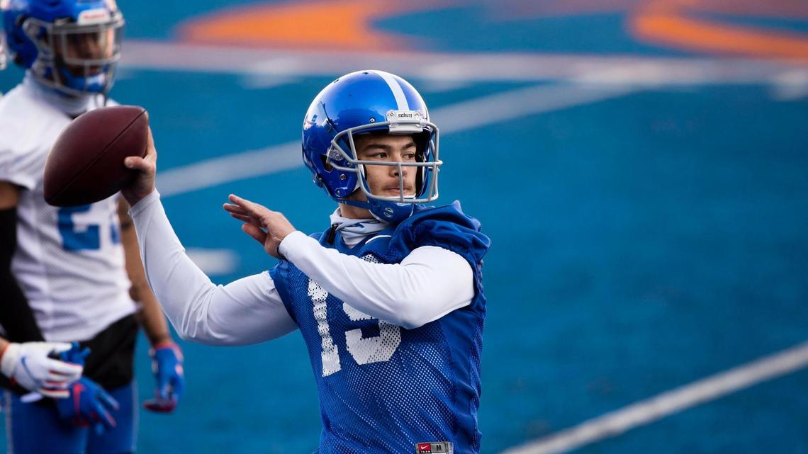 Boise State quarterback Hank Bachmeier warms up his arm during practice Friday, March 12, 2021 at Albertsons Stadium in Boise.