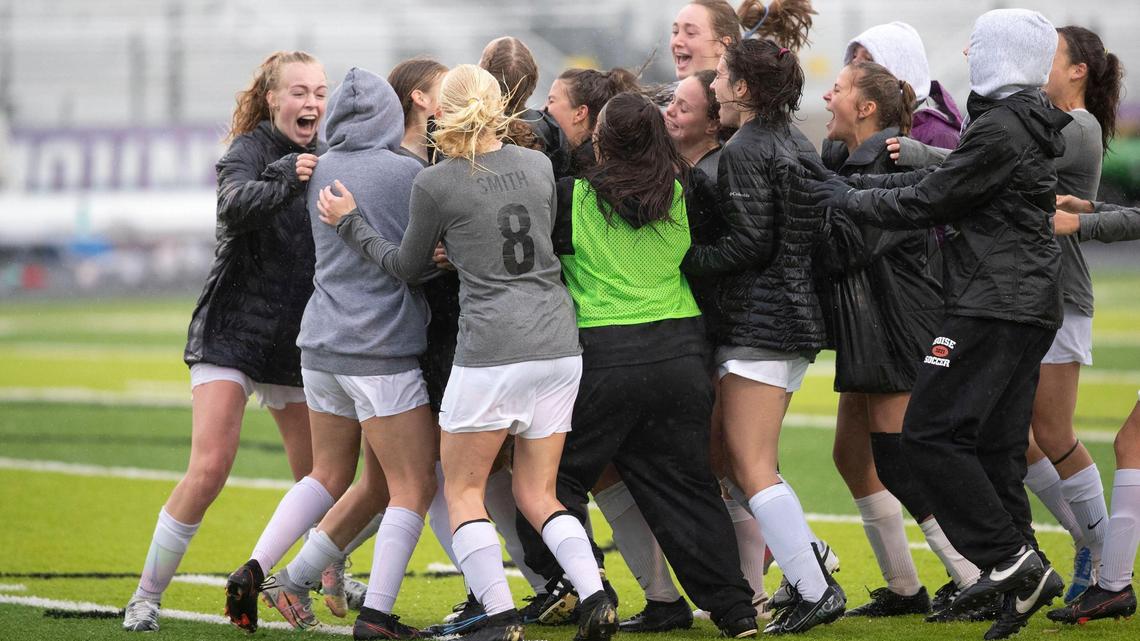 Boise celebrates defeating Rocky Mountain on penalty kicks, 5-3, in their 5A semifinal game at Rocky Mountain High on Friday.