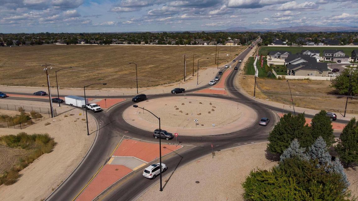Traffic circles the roundabout at Amity and Eagle roads south of Meridian. The Ada County Highway District will soon widen the roundabout to two lanes. That work is part of a project to widen the mile of Eagle Road between Amity and Victory roads to two lanes in each direction with a center turn lane.
