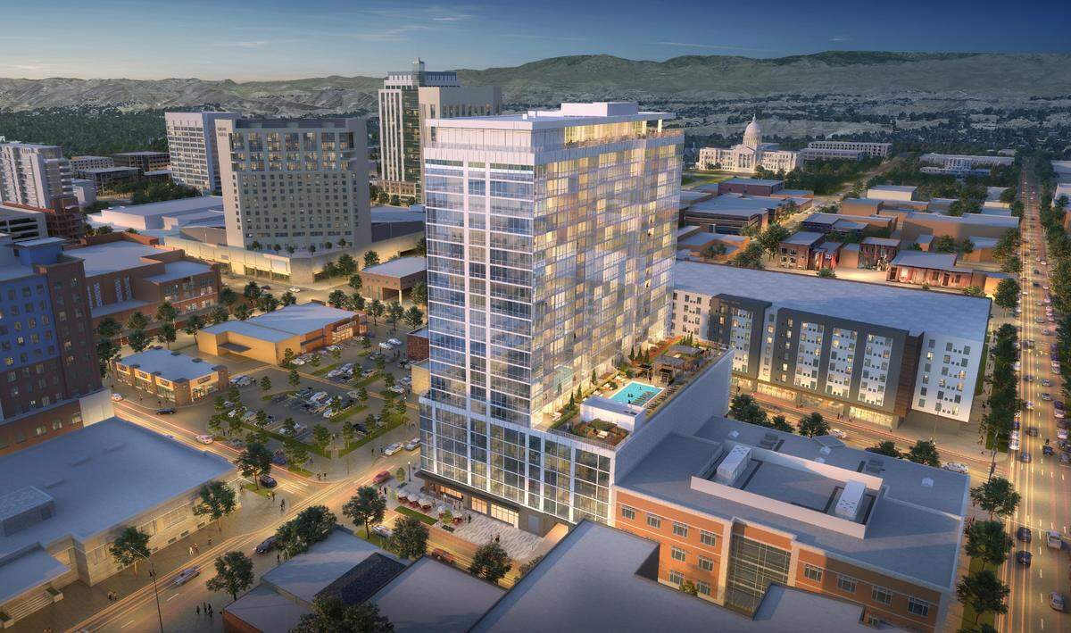This architect’s rendering shows a future north-facing aerial view of the 23-story Ovation building at 521 W. Front St. Downtown Boise, the state Capitol and the Foothills are in the background.