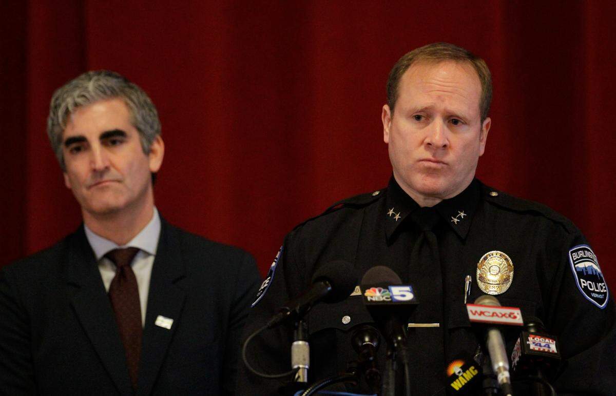 Burlington Police Chief Jon Murad listens to questions at a news conference with Mayor Miro Weinberger, left, in Burlington, Vt., on Monday, Nov. 27, 2023, about the shooting of three college students of Palestinian descent, which is being investigated as a possible hate crime.