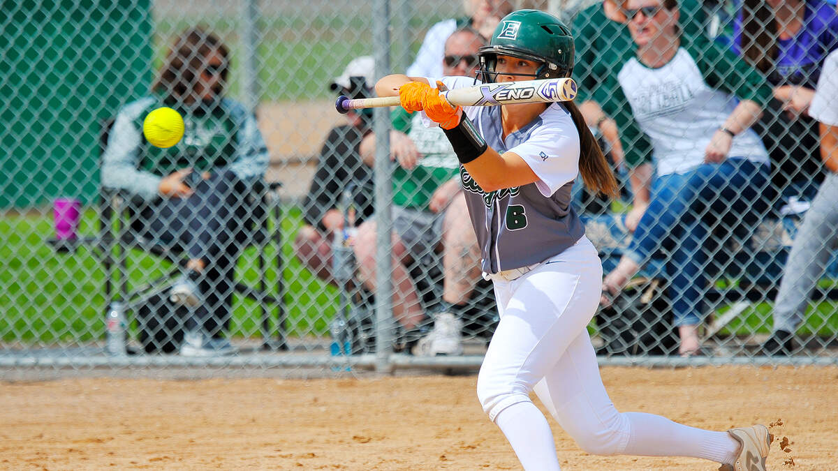 Eagle’s Jaxie Klucewich lays down a bunt in a 5-1 victory against Bonneville on Friday at the 5A softball state tournament in Pocatello.
