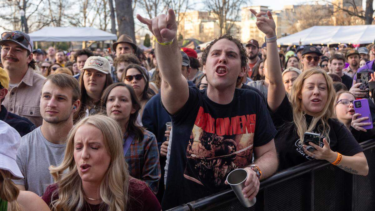 A crowd at Main Stage sings along during a performance by K. Flay at Treefort Music Fest, March 22, 2024.