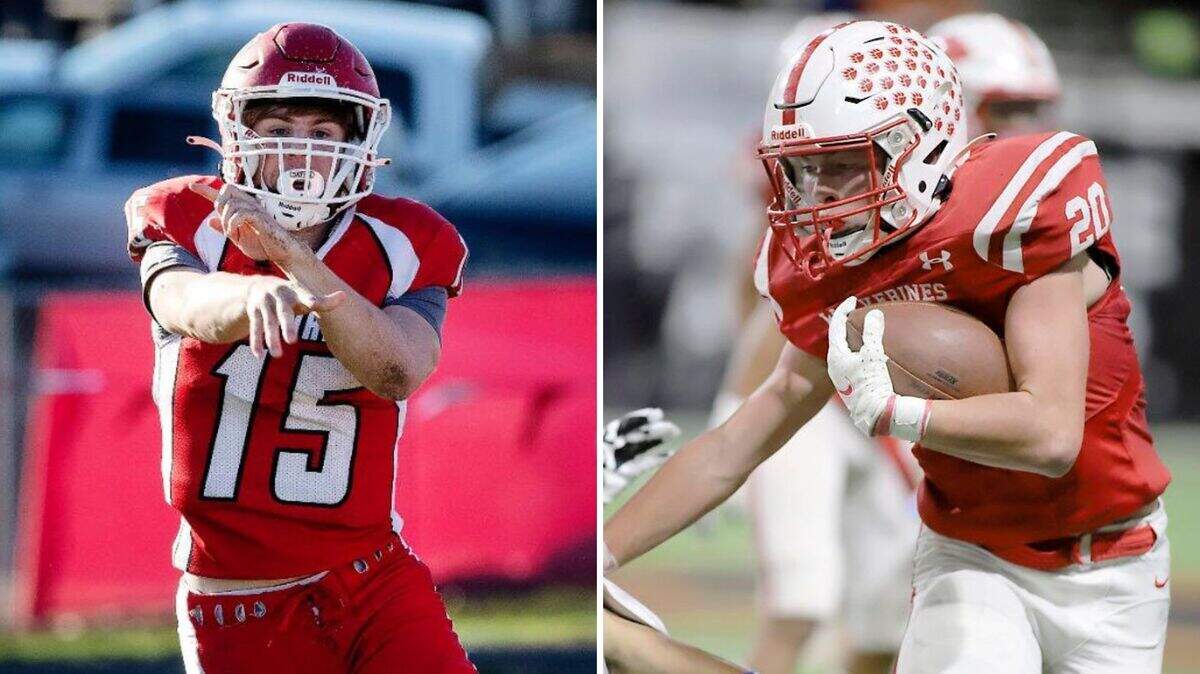 Homedale quarterback Jaxon Dines, left, and Weiser running back Mike Youngberg headline a strong list of returners for the co-favorites in the 3A SRV this fall.