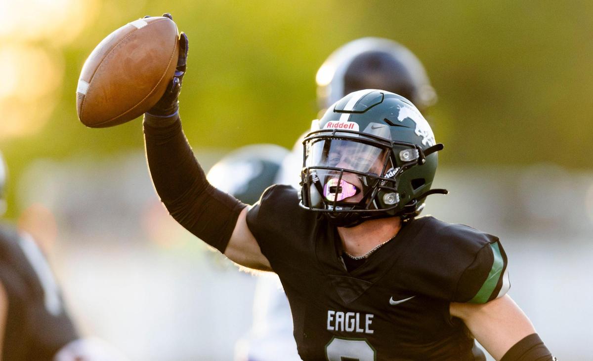 Eagle defensive back Eli Mikita celebrates after recoving a fumble Sept. 8 against Rocky Mountain. The No. 1-ranked Mustangs host No. 2 Boise on Friday. Eagle is 19-1 all-time against the Brave.