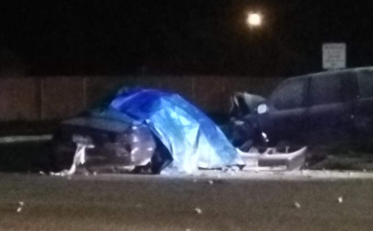 The passenger car and truck involved in Saturday’s crash.