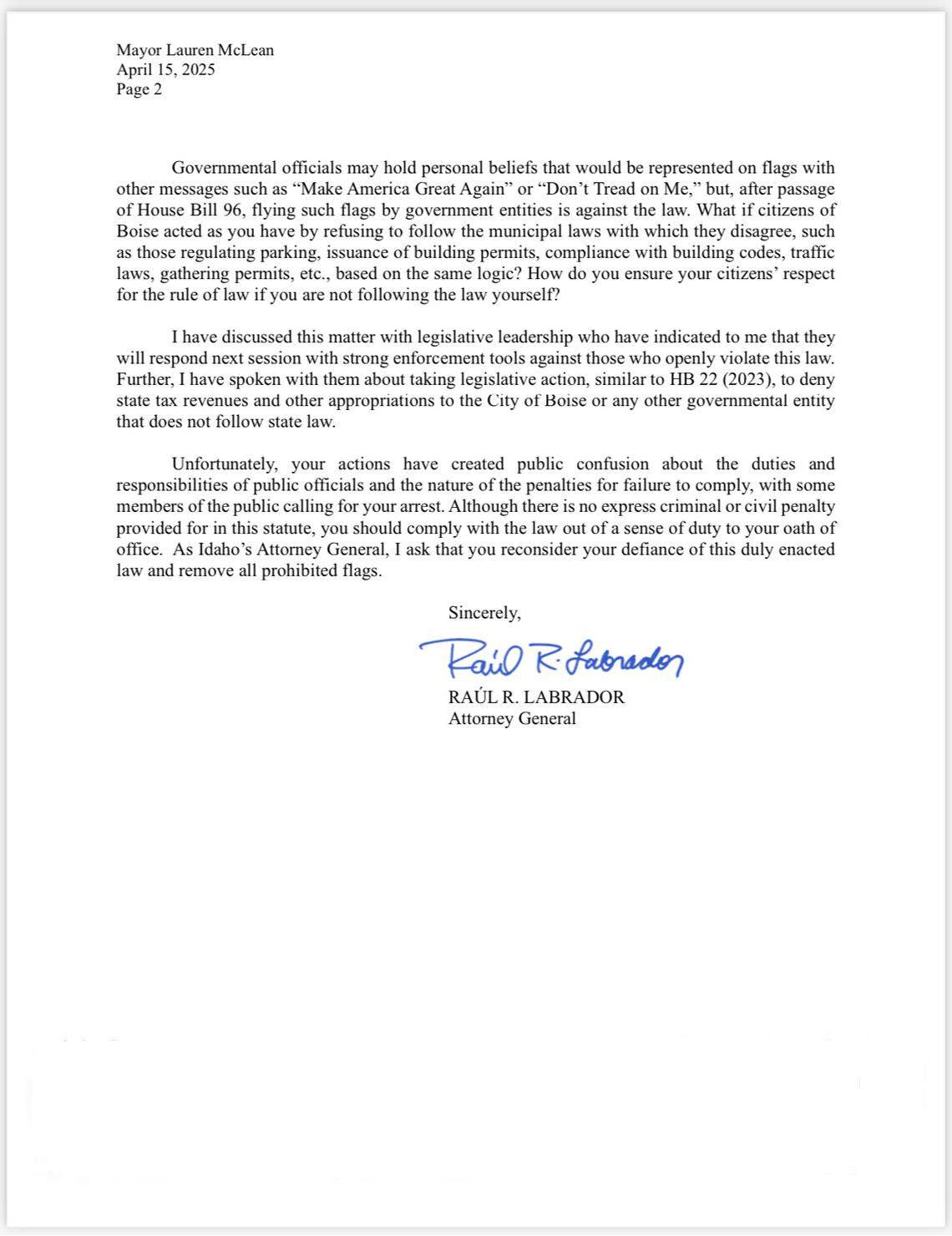 Raul Labrador letter to Lauren McLean 4-15-25 2nd of 2 pages