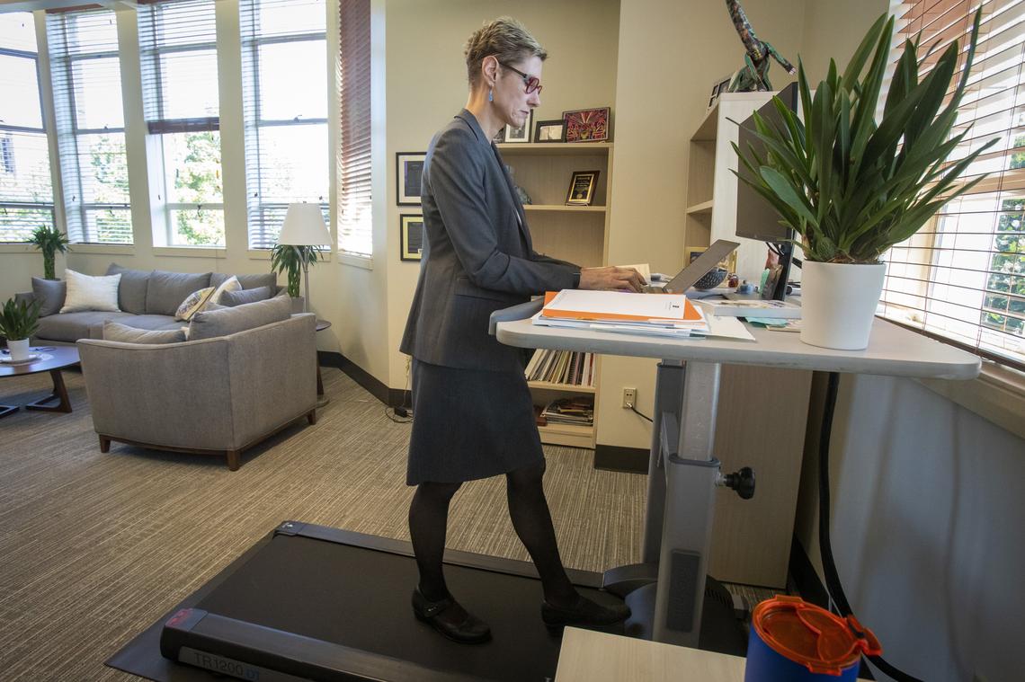 Boise State University President Marlene Tromp uses a walking desk at her computer, and also has a bistro table in her office where she can stand during meetings while others sit. Tromp had a difficult, multiday delivery while giving birth to her son and suffered permanent nerve damage, according to BSU spokesman Greg Hahn. “I’m determined to keep my mobility,” said Tromp, who tries to stay active.