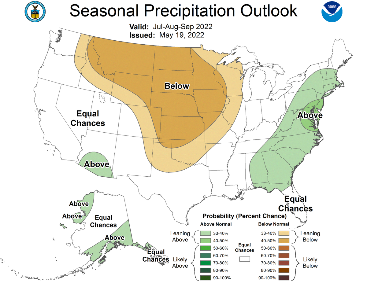 Boise is on the cusp of a 33-40% chance of seeing less rainfall than typical. But the area already gets minimal rainfall during the summer, meaning residents shouldn’t see too much of a difference.