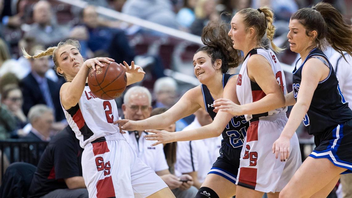 Soda Springs guard Sadie Gronning flies backward after being fouled by Cole Valley Christian’s Savannah Khoury in the 2A state girls basketball championship game Saturday, Feb. 22, 2020 at Ford Idaho Center in Nampa.