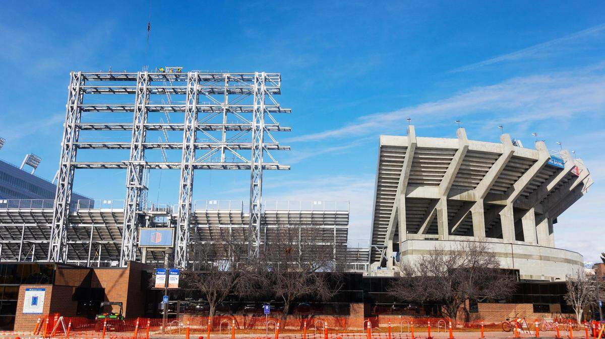 The largest video board in the Mountain West is being installed on the south end of Albertsons Stadium. It will be 120 feet wide and 50 feet tall.