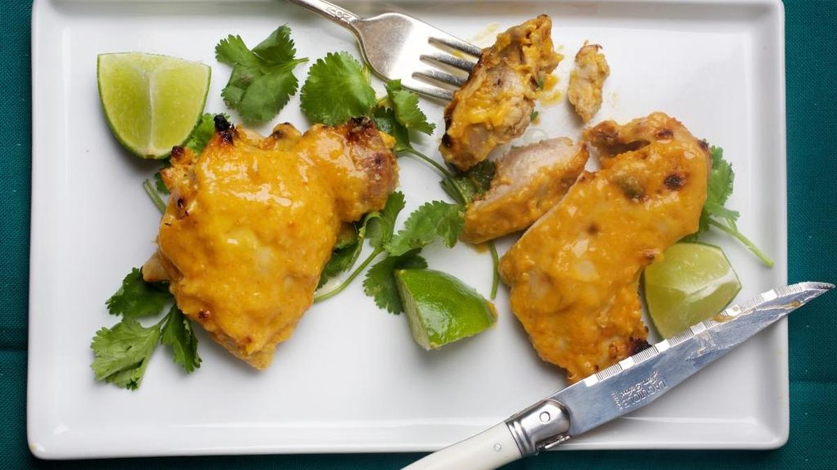 Mango-lime marinated chicken thighs.