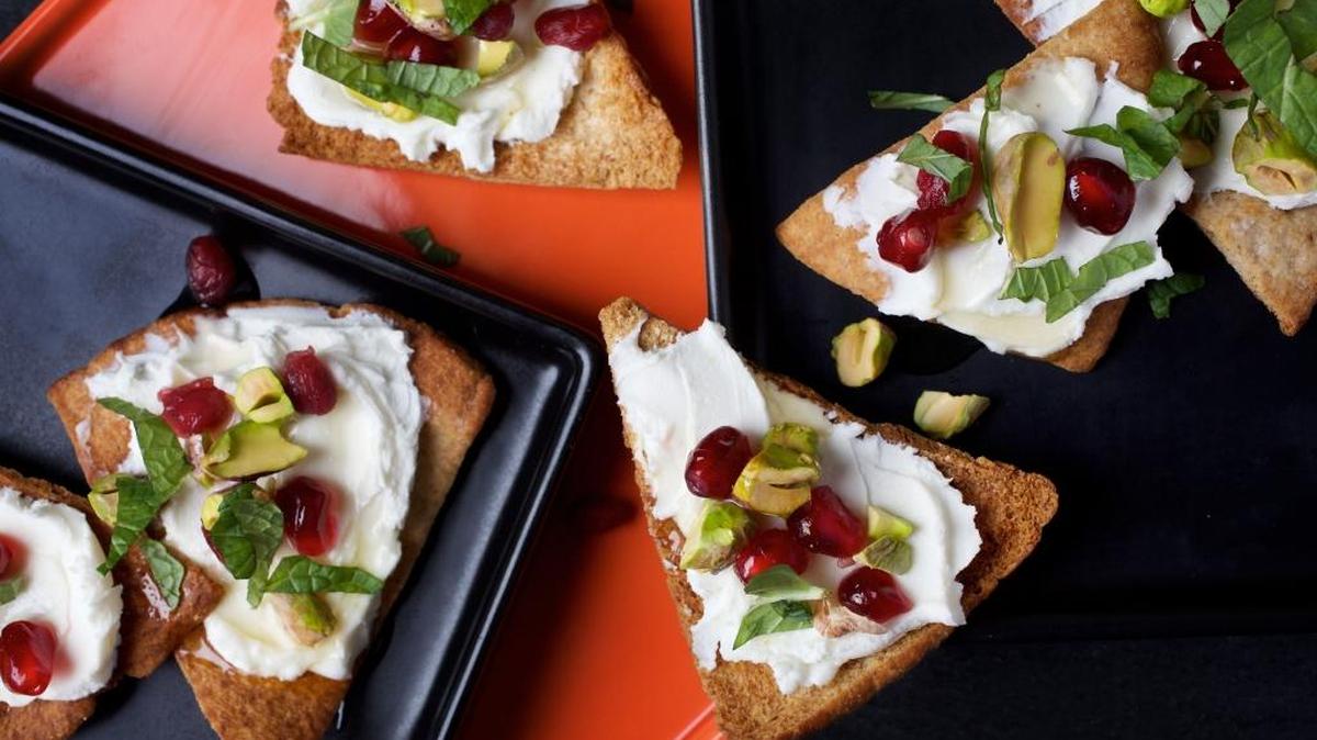 Goat Cheese Pita Toasts with Pomegranate, Pistachio and Mint