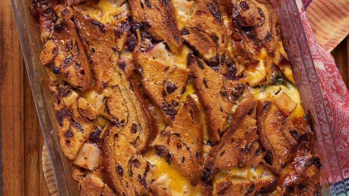 Dorie Greenspan's Next-Day Turkey-and-Cranberry Sriracha Strata MUST CREDIT: Photo by Deb Lindsey for The Washington Post