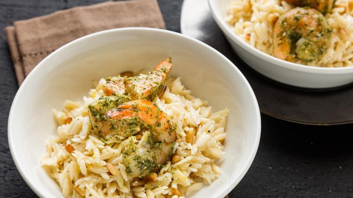 Roasted Pesto Shrimp With Lemon Orzo MUST CREDIT: Photo by Goran Kosanovic for The Washington Post
