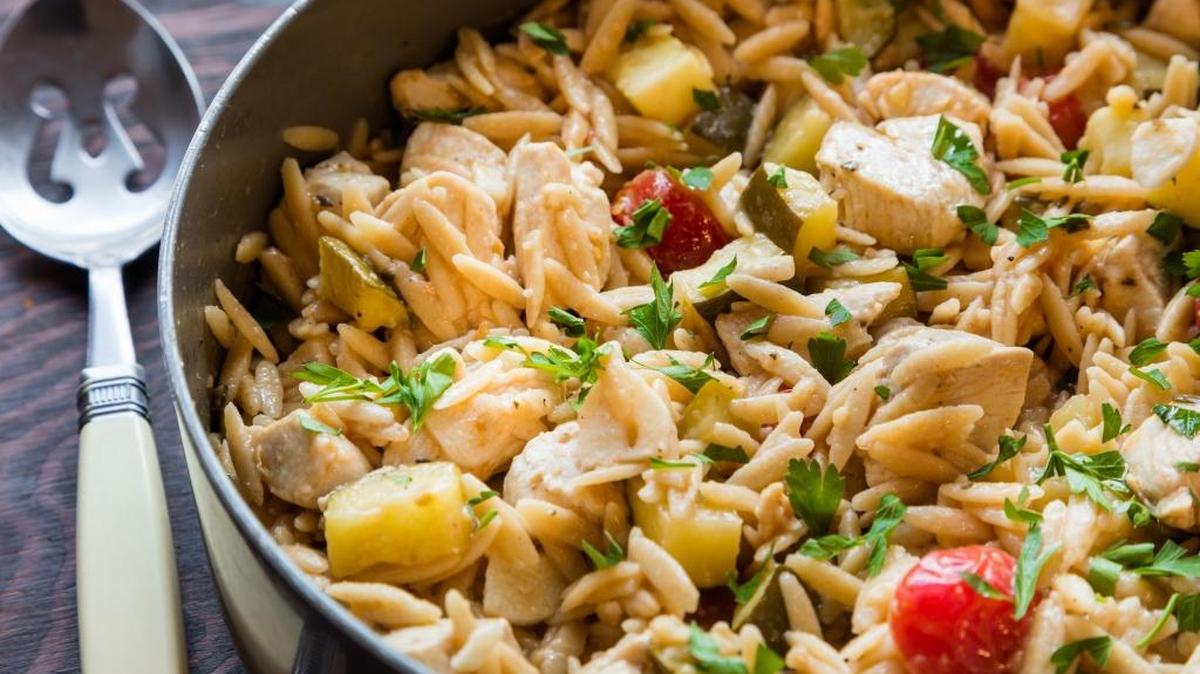 Lemon rosemary chicken and orzo skillet.