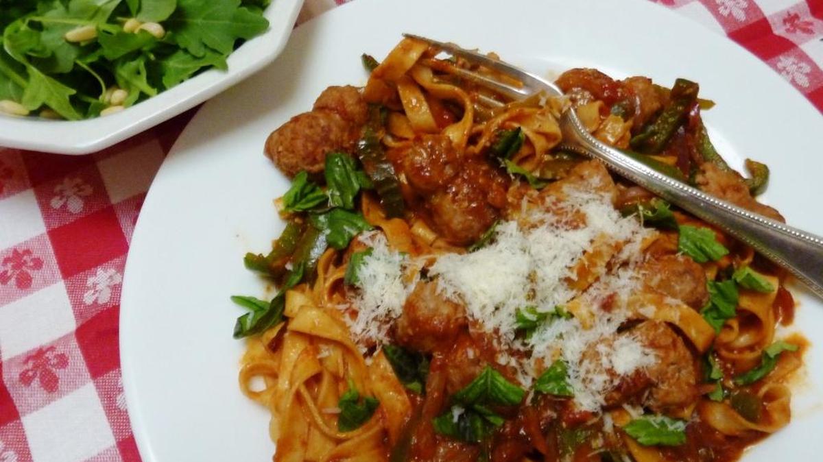 Pepper, onion, sausage fettuccini.