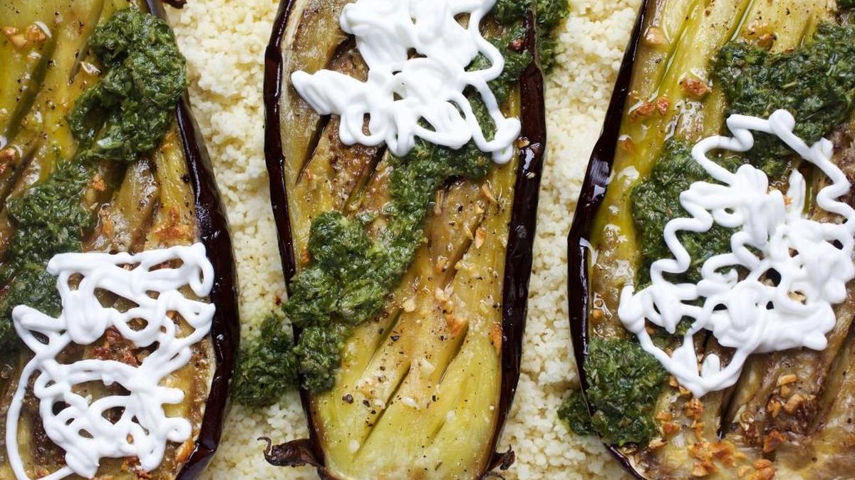 Eggplant steaks with salsa verde.