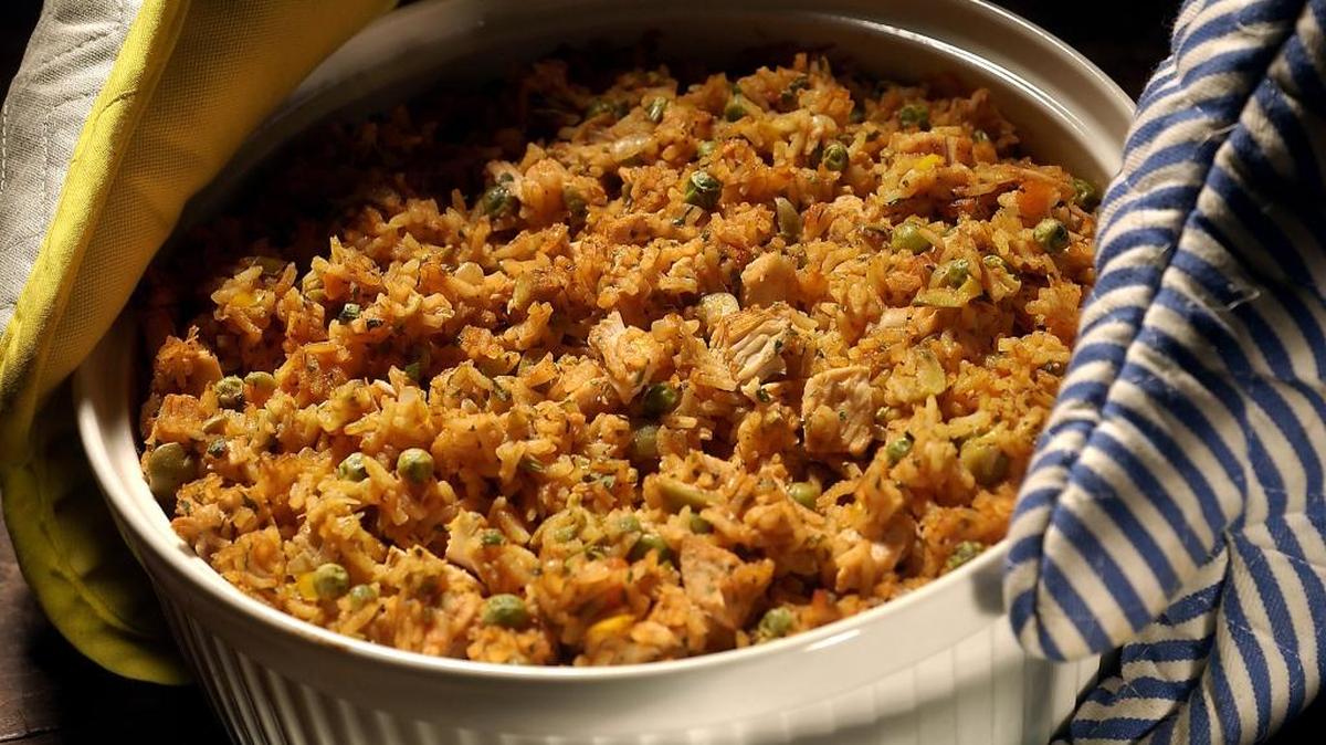 A paella treatment is given to leftover turkey, with plenty of vegetables from the meal.