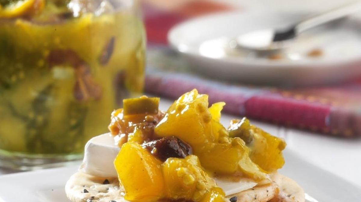 Chutney like this one made of peaches can be used as a condiment with a number of dishes, including atop a soft cheese, such as goat or brie.