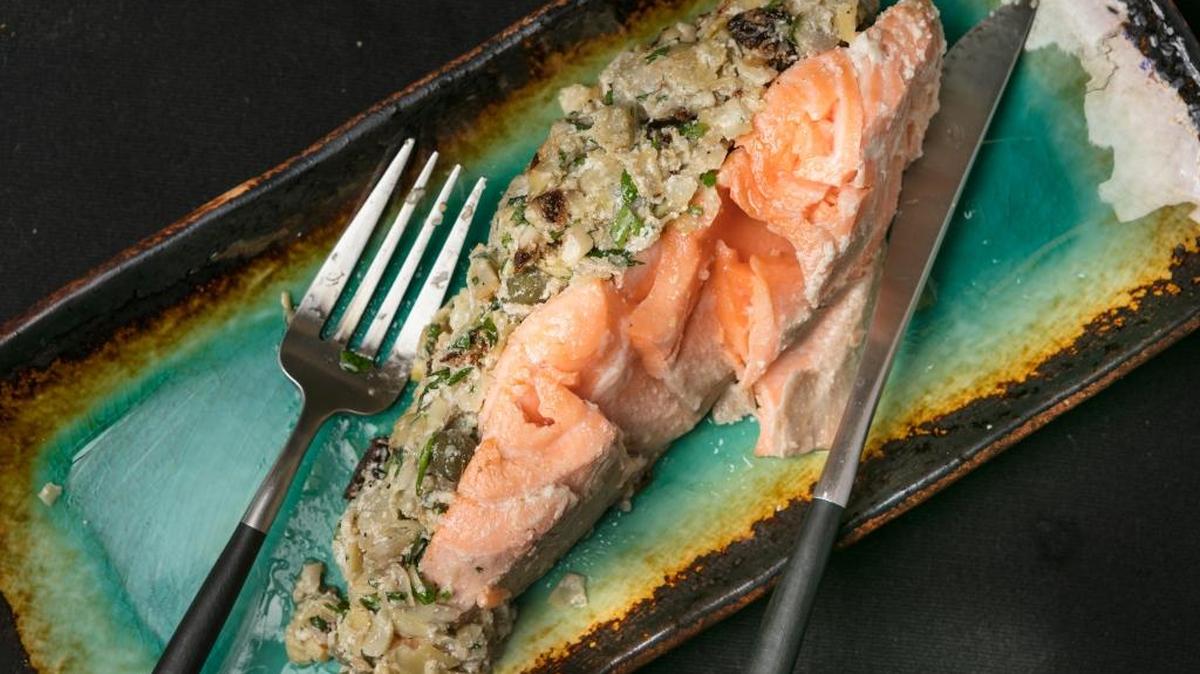 Roasted salmon with artichoke topping.