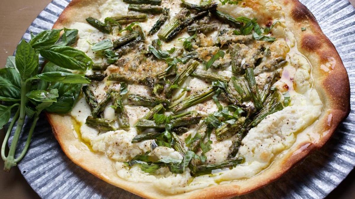 Asparagus and ricotta pizza.