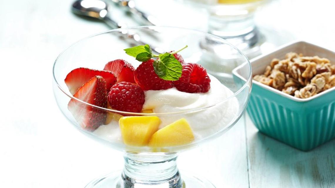 Dietitians recommend spreading your protein intake throughout the day, but many people forget to add a significant protein choice to the breakfast meal. Eating yogurt in the morning is one way to get the day started in a healthy way, especially with fruit added.