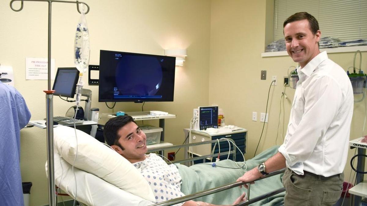 Dr. Dan Zuckerman, medical director of St. Luke’s Mountain States Tumor Institute, prepares for his colonoscopy with Dr. Christopher Hammerle of Idaho Gastroenterology Associates in Boise.