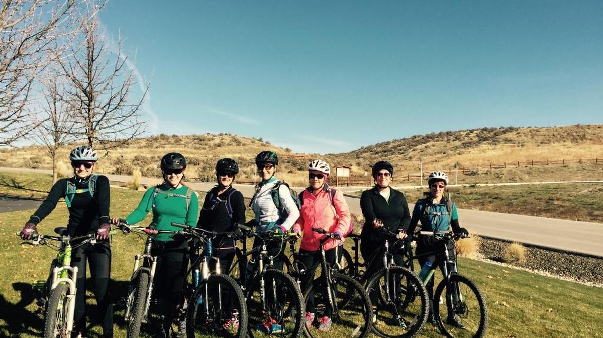 Jessica Wyman hopes to inspire women to participate in outdoor fitness activities. She’s pictured here, center, with a group of women who were part of one of her #GetMoreGirlsOutside rides. Learn more at www.Jessica-Wyman.com/ GetMoreGirlsOutside.