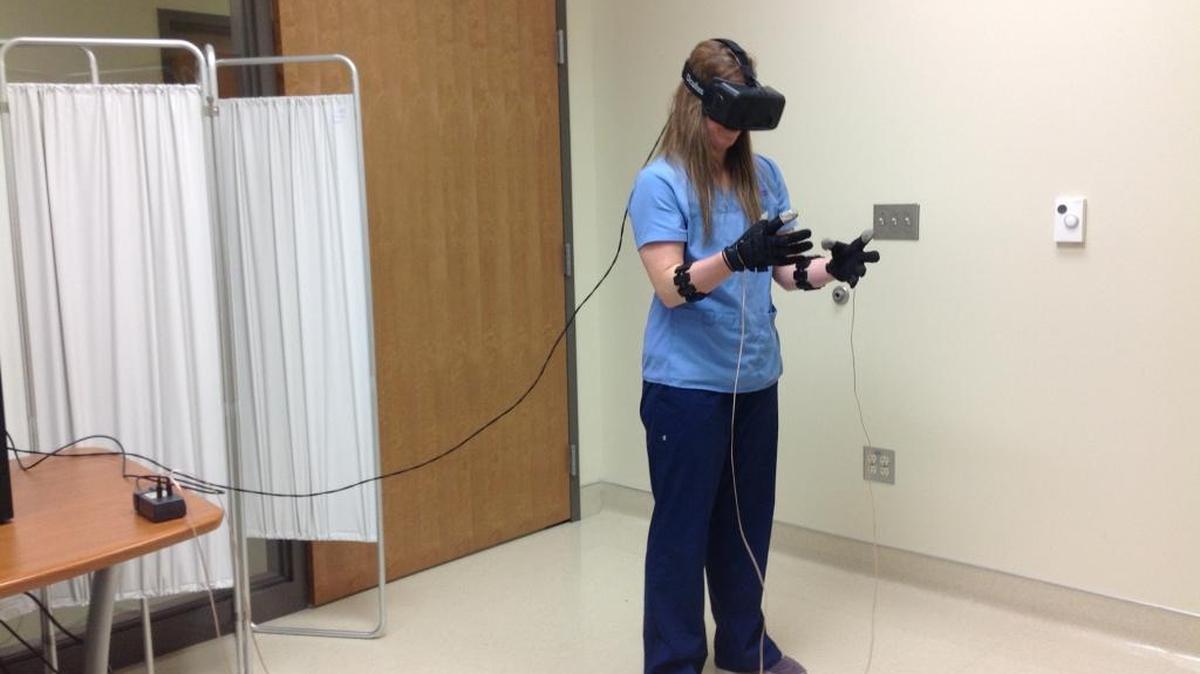 Using wearable technology, nursing students can see and touch objects in a virtual environment so they can practice complex medical simulations.