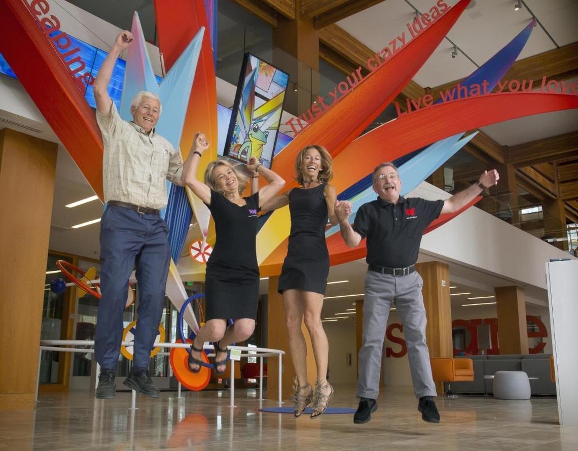The visionary team that pulled Jack’s Urban Meeting Place together takes a leap in the lobby: Simplot Company Chairman Scott Simplot, JUMP Executive Director Maggie Soderberg, Engagement Director Kathy O’Neill and Operations Director Mark Bowen. The project, 12 years in the making, will be nearly completed in the coming weeks.