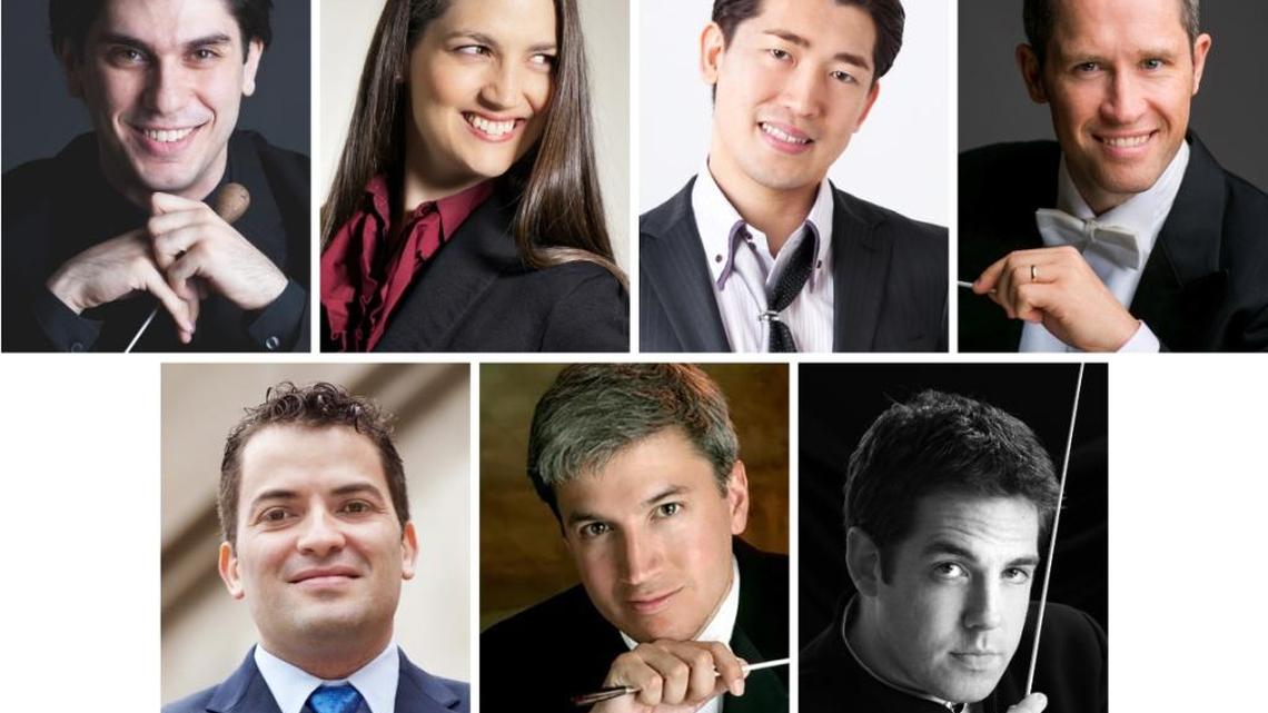 These seven conductors will lead the Boise Philharmonic over the 2016-’17 season and one of them will become the orchestra’s next music director. They are (top, left to right) Aram Demirjian, Michelle Merrill, Keitaro Harada, Alastair Willis, Andrés Franco, Eric Garcia and Brett Mitchell.