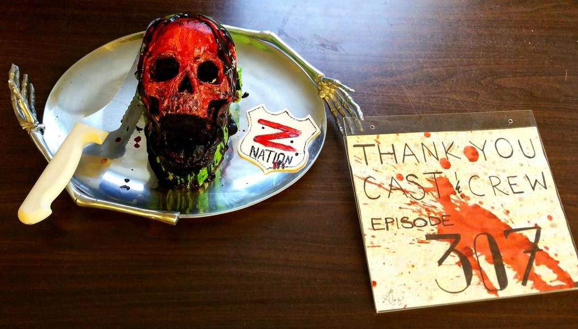 Necro foodie Beckie Lombardi created this Autopsy Skull Cake for the cast and crew of the “Z Nation” episode she wrote for season three, “Doc Flew Over the Cuckoo’s Nest.”
