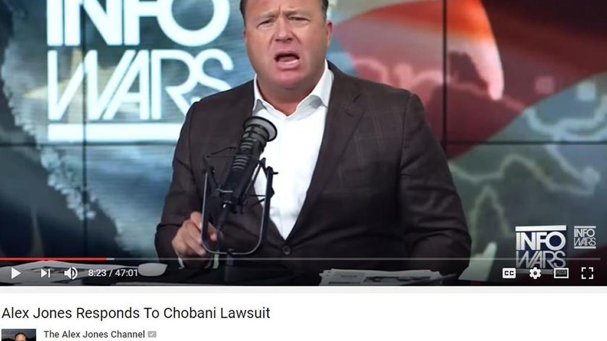 A screen shot of Alex Jones responding online to the Chobani defamation lawsuit against him.