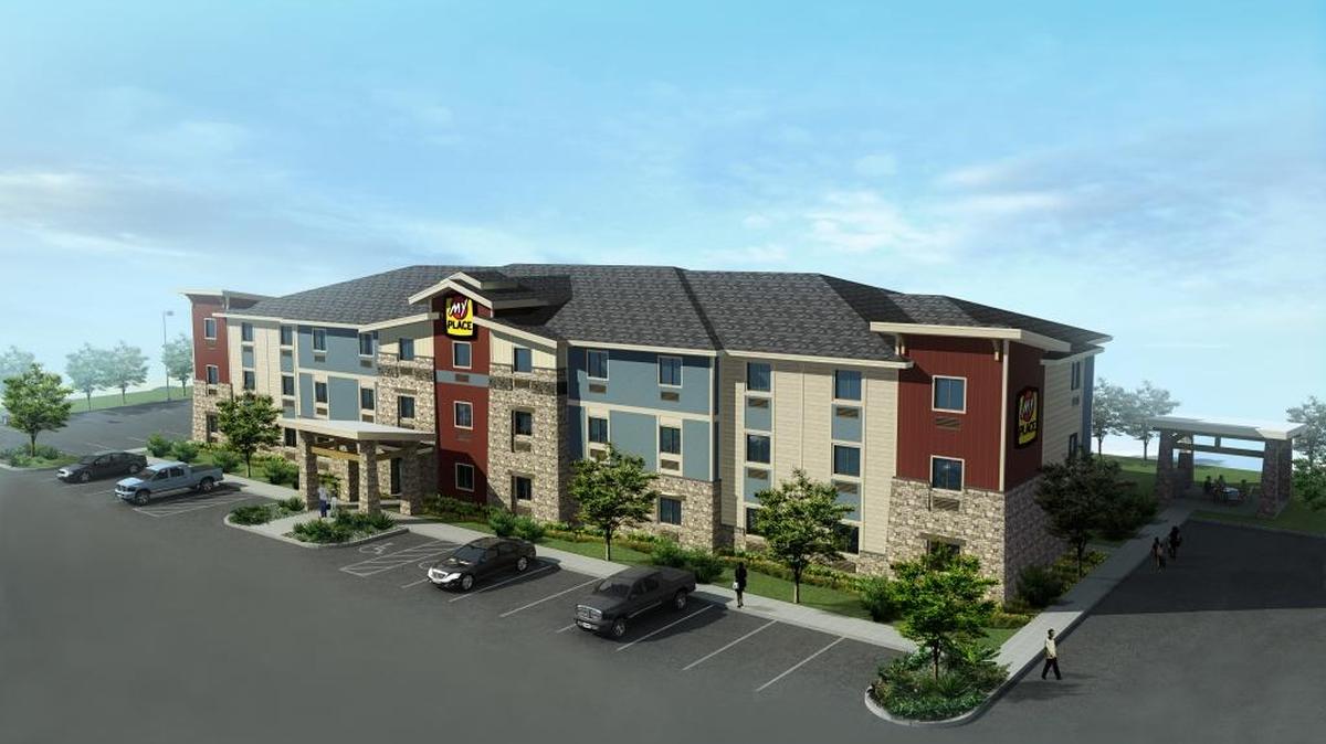 The My Place Economy Extended Stay, shown here in a rendering, will be kitty-corner to The Village at Meridian across Fairview Avenue and Eagle Road.