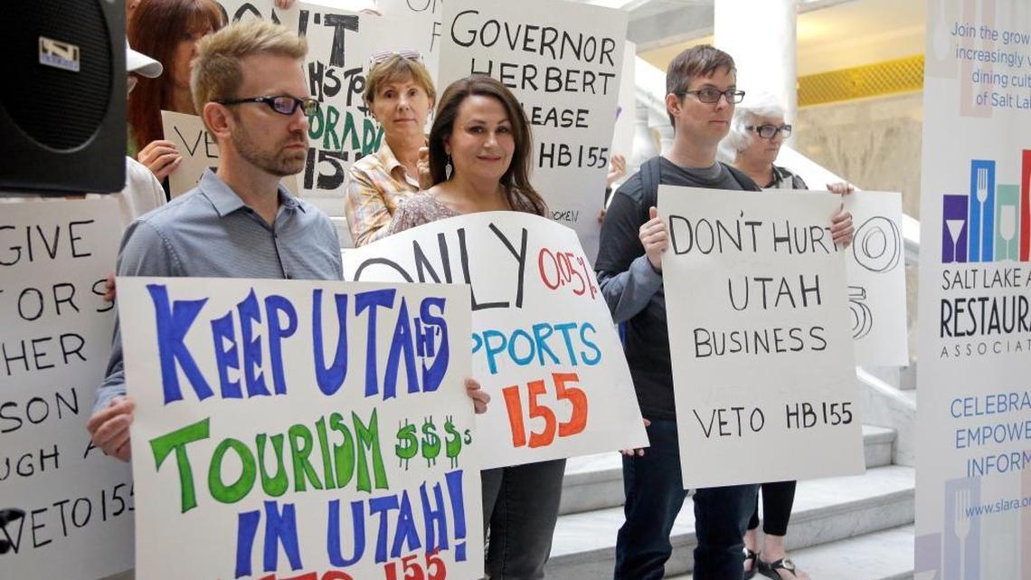 Protesters rally March 17 at the State Capitol in Salt Lake City. Utah’s hospitality industry unsuccessfully urged Gov. Gary Herbert to veto a bill lowering the blood-alcohol limit for driving, saying it would punish responsible drinkers and burnish Utah’s reputation as an unfriendly place for those who drink.