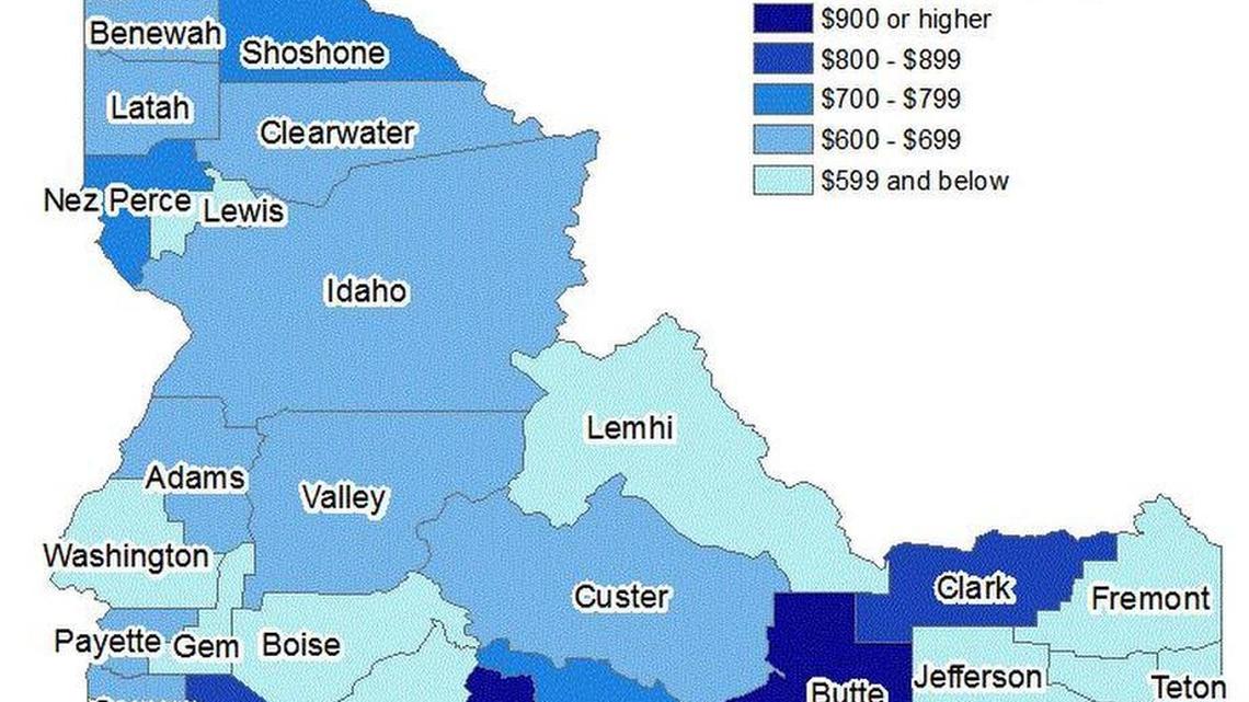 The map shows the average weekly wages for each Idaho county during the first quarter of 2016.