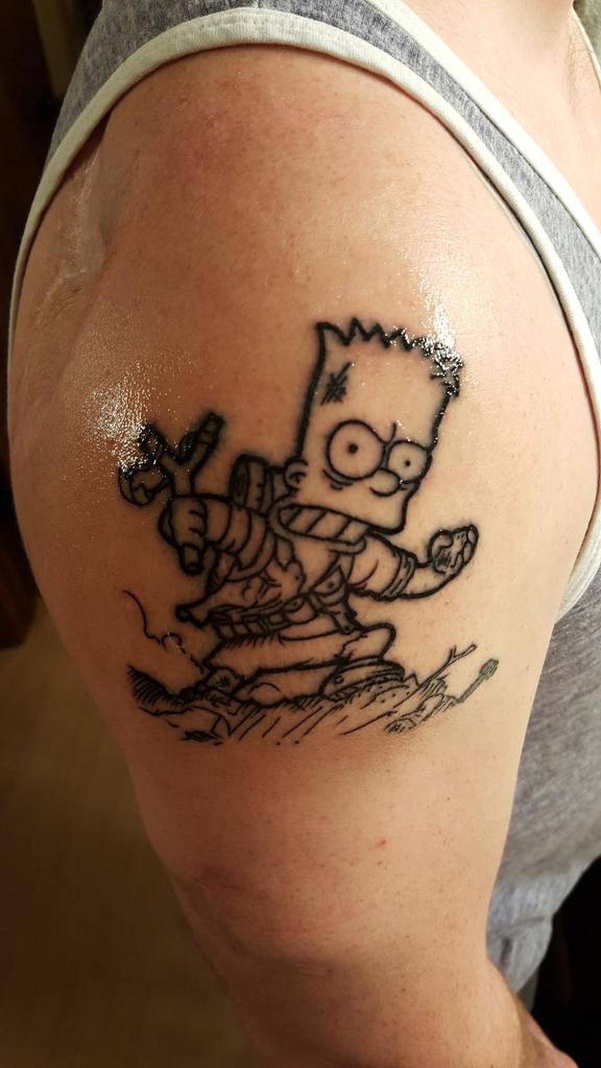 Jeff Myers did the artwork honors for Matt Watson’s tattoo of Bart Simpson. Cowabunga, man.