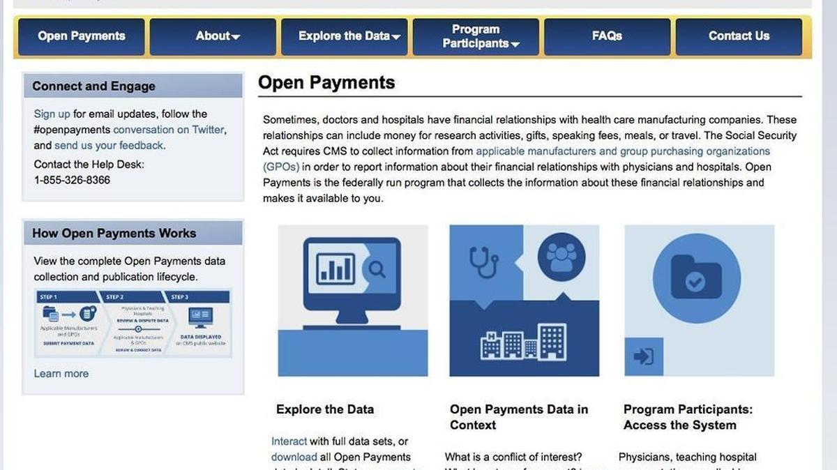 This image provided by the Department of Health and Humans Services shows the Open Payments page of the Centers for Medicare & Medicaid Services. From research grants to travel junkets, what drug and medical device companies pay doctors and leading hospitals can now be tracked here.