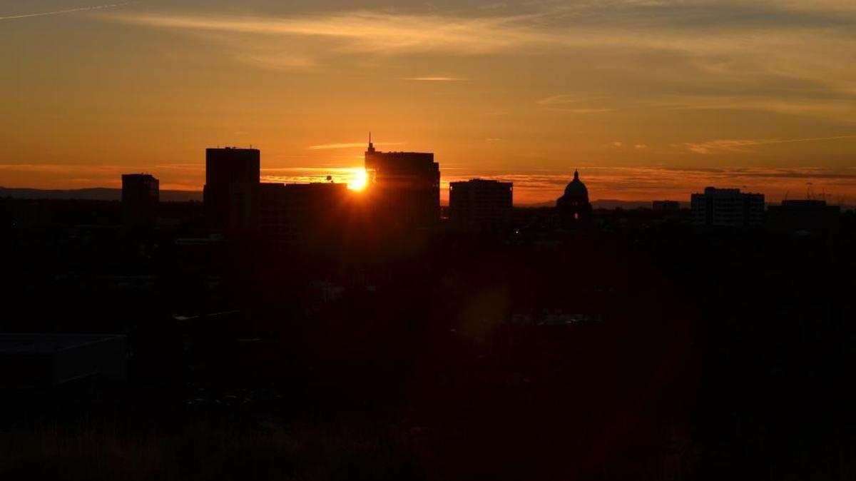 Boise’s skyline is pictured at sunset.