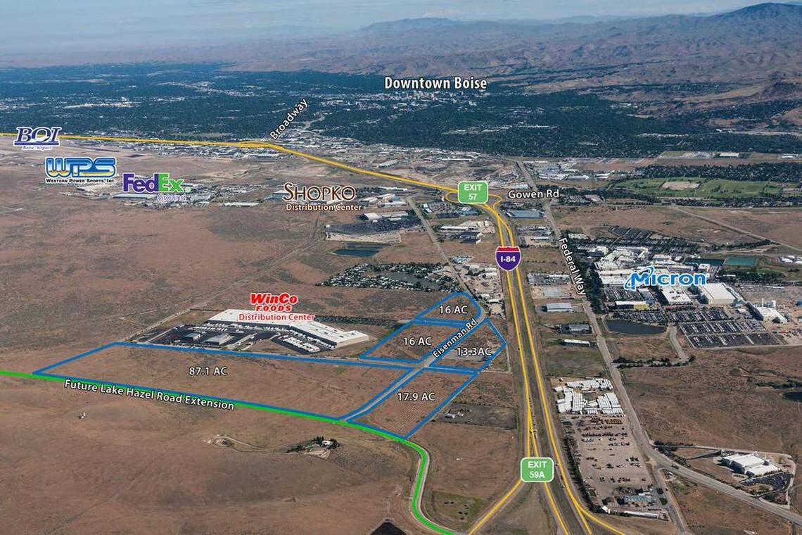 Blue lines mark a proposed industrial park, with a planned extension of Lake Hazel Road in the foreground, near the southern end of the planned Gateway East Urban Renewal District. The northwest corner of the industrial park would adjoin Blue Valley, a mobile home park with more than 200 affordable homes (it’s the green patch with houses and a pond, left of the I-84 label).