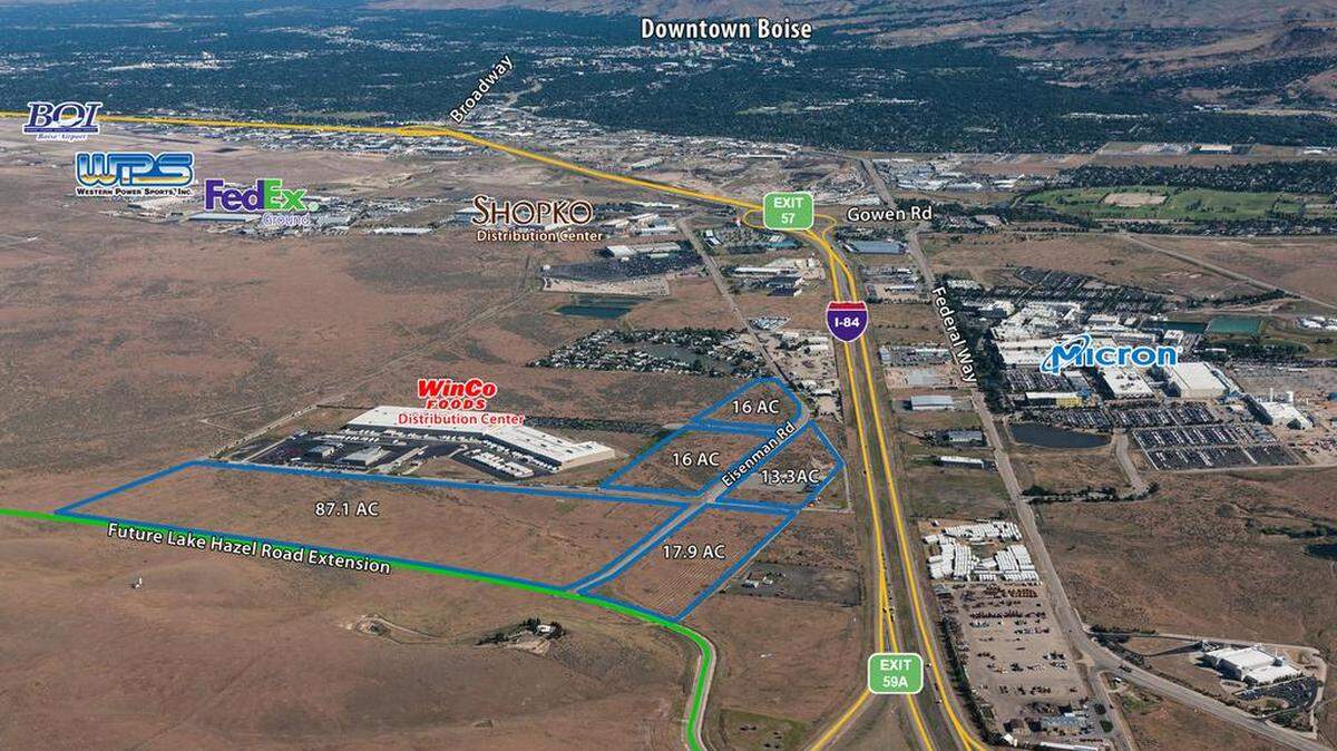 Blue lines mark a proposed industrial park, with a planned extension of Lake Hazel Road in the foreground, near the southern end of the planned Gateway East Urban Renewal District. The northwest corner of the industrial park would adjoin Blue Valley, a mobile home park with more than 200 affordable homes (it’s the green patch with houses and a pond, left of the I-84 label).