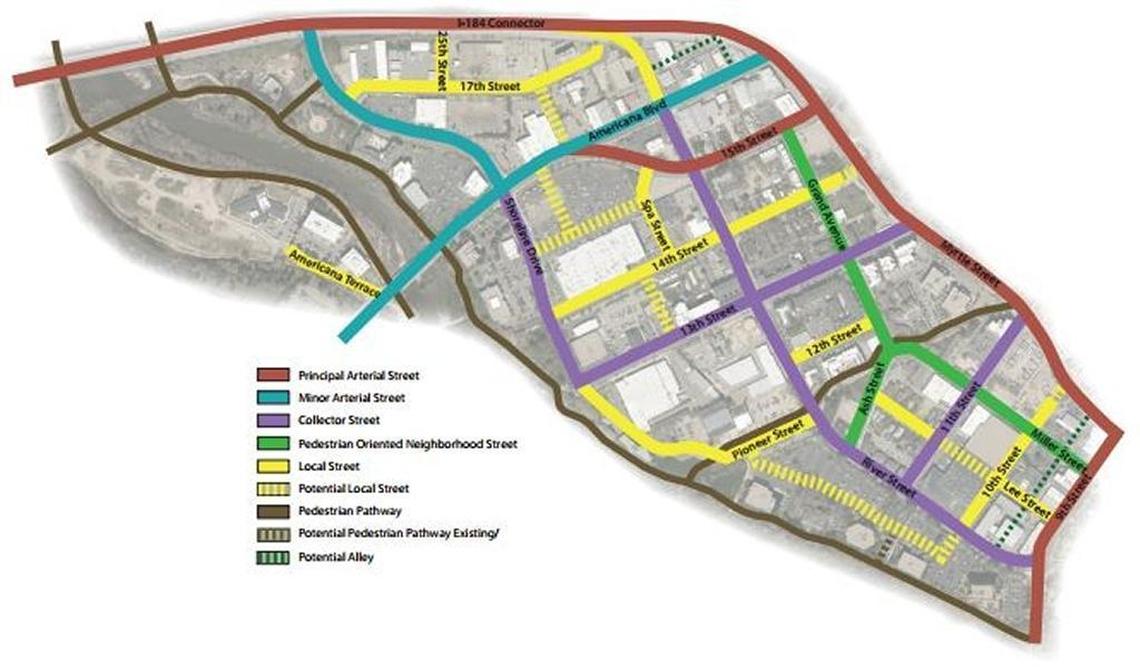 This map, prepared for Boise’s River Street master plan, highlights streets and paths.